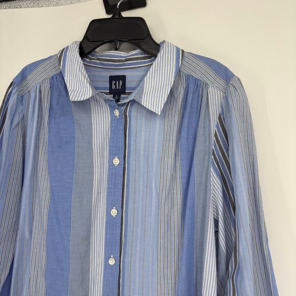 Gap Blue‎ Striped Tiered Button Front Shirt Dress Long Sleeve Size L Academia - Picture 2 of 7